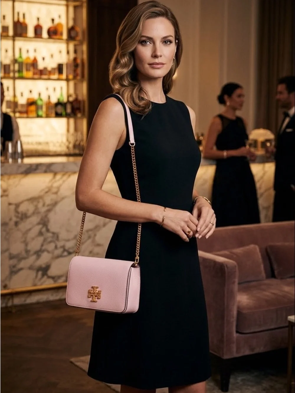 Tory Burch Britten Convertible Leather Shoulder Bag Crossbody Pink Big Gold Logo